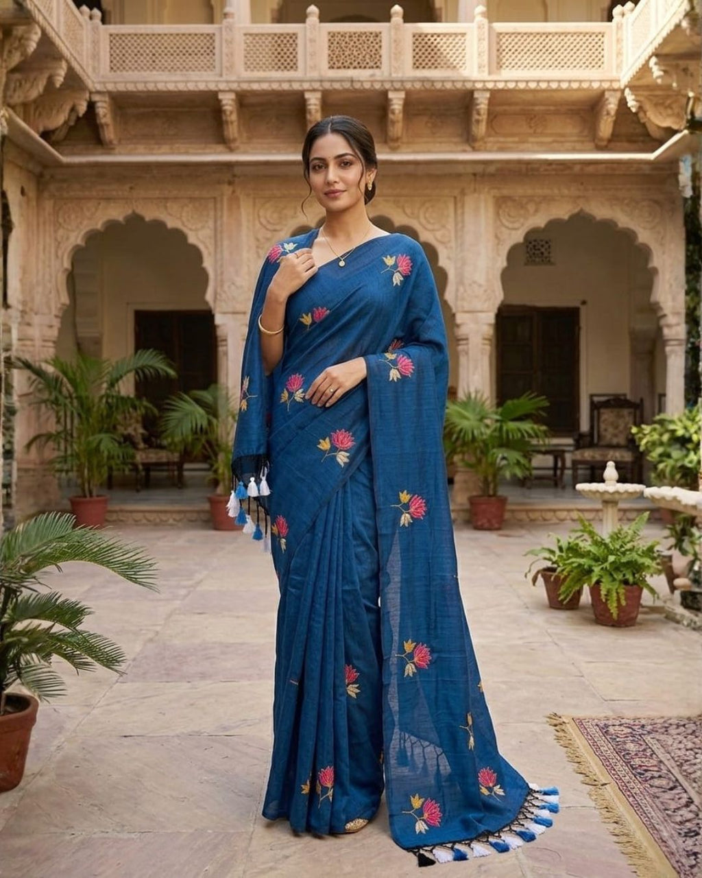 Khadi lotus embroidery -  Teal blue