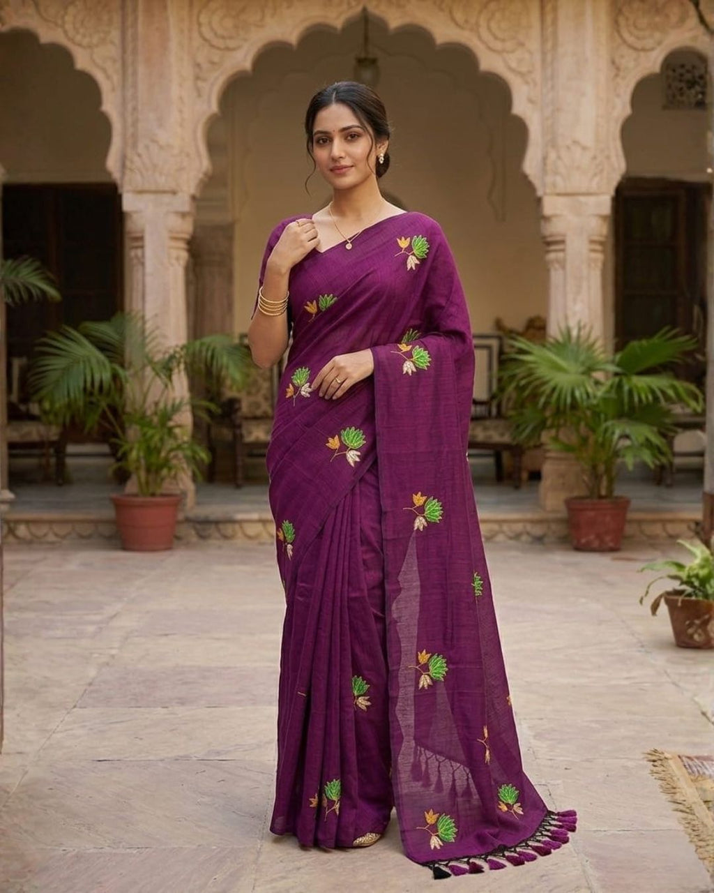 Khadi lotus embroidery -  Megenta