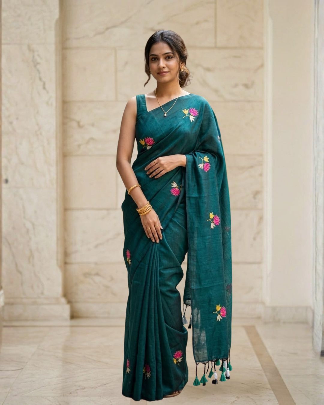 Khadi lotus embroidery -  Peacock green
