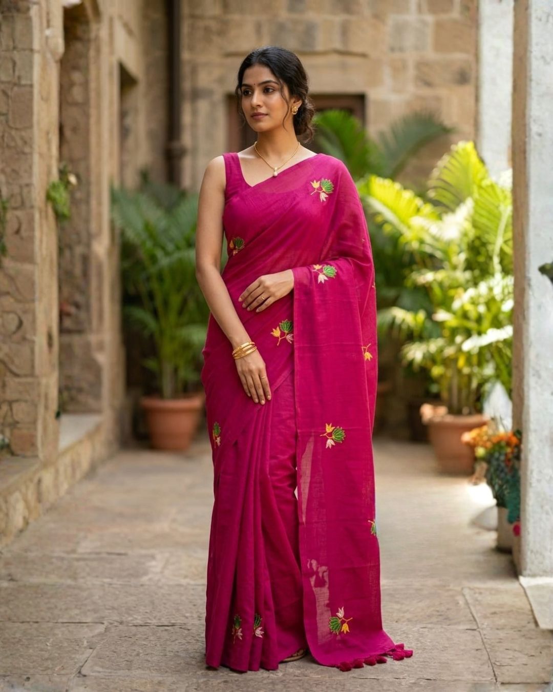 Khadi lotus embroidery saree -  Pink