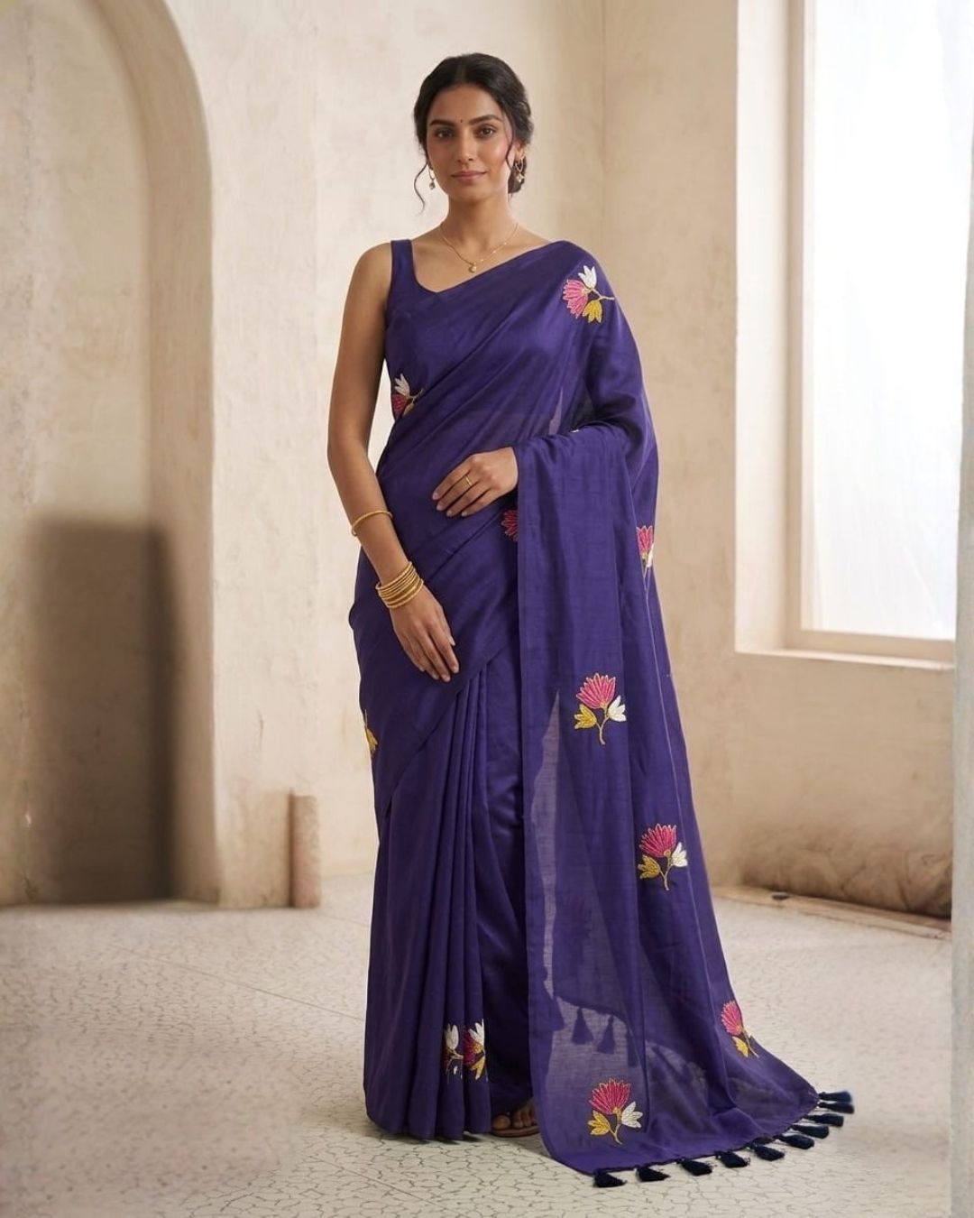 Khadi lotus embroidery saree - Dark Purple