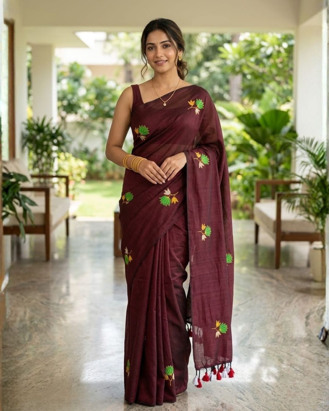 Khadi lotus embroidery -  Maroon
