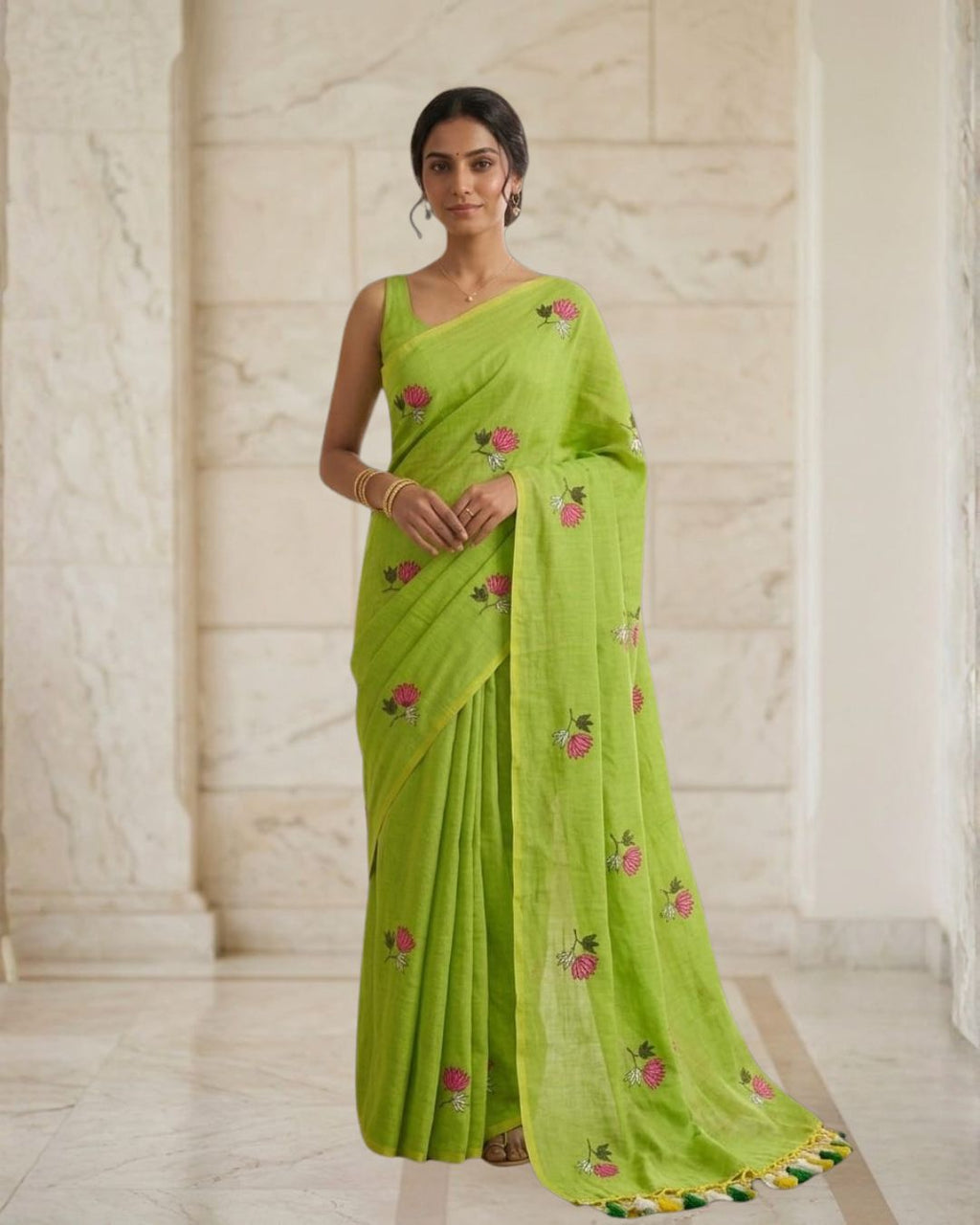 Khadi lotus embroidery -  Parrot Green