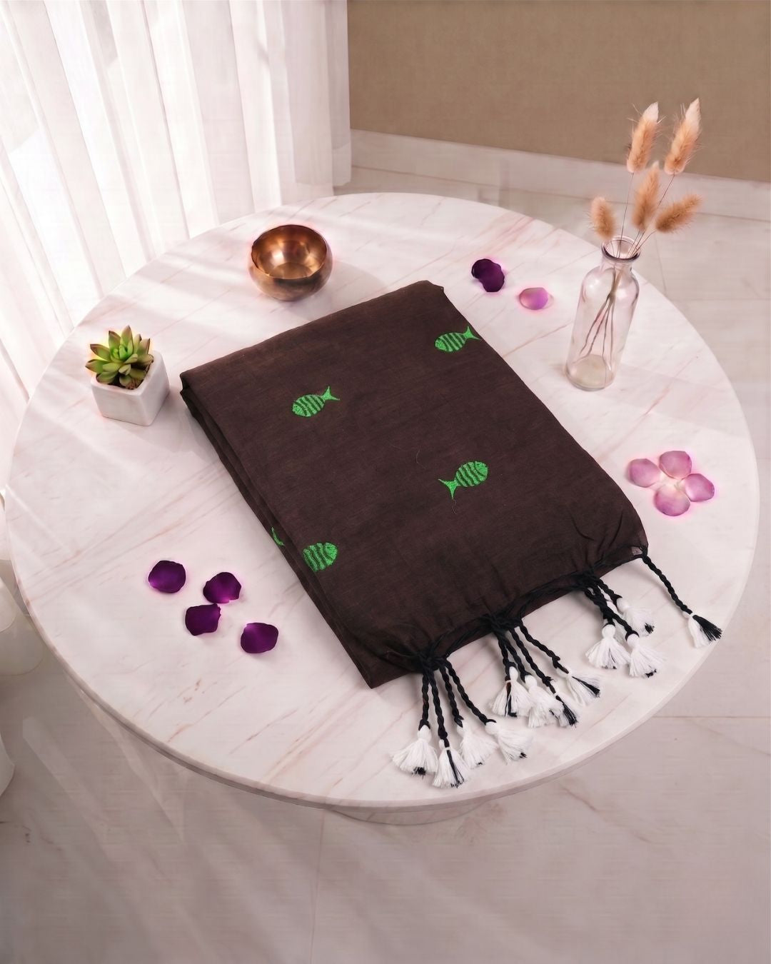 Khadi fish embroidery - Chocolate Brown (w) Green