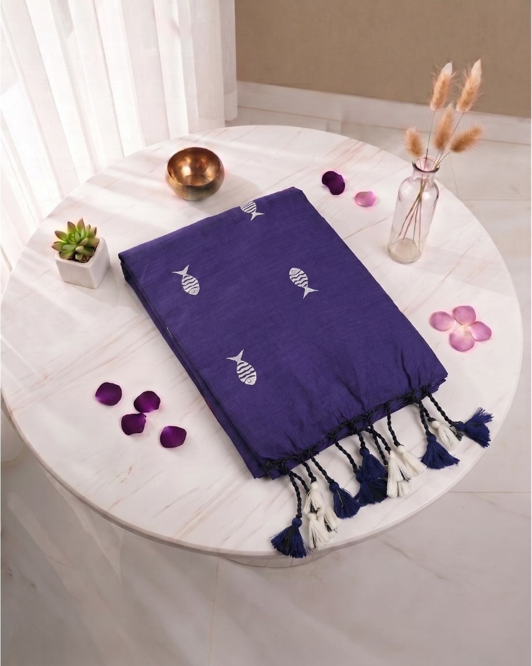 Khadi fish embroidery - Dark Ink Blue (w) White