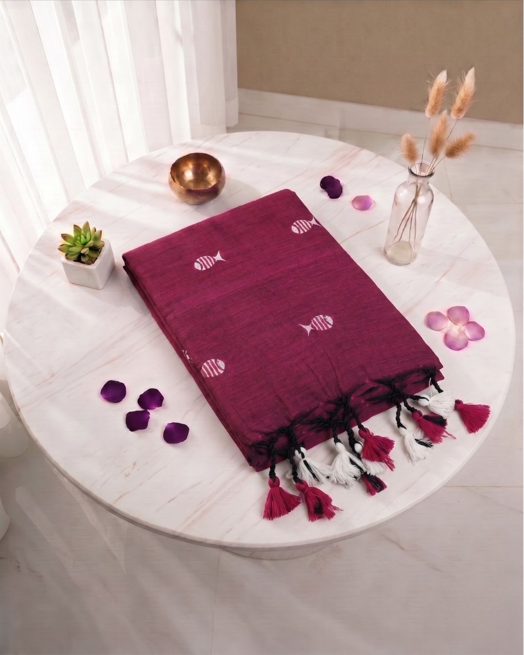 Khadi fish embroidery - Dark Pink (w) White