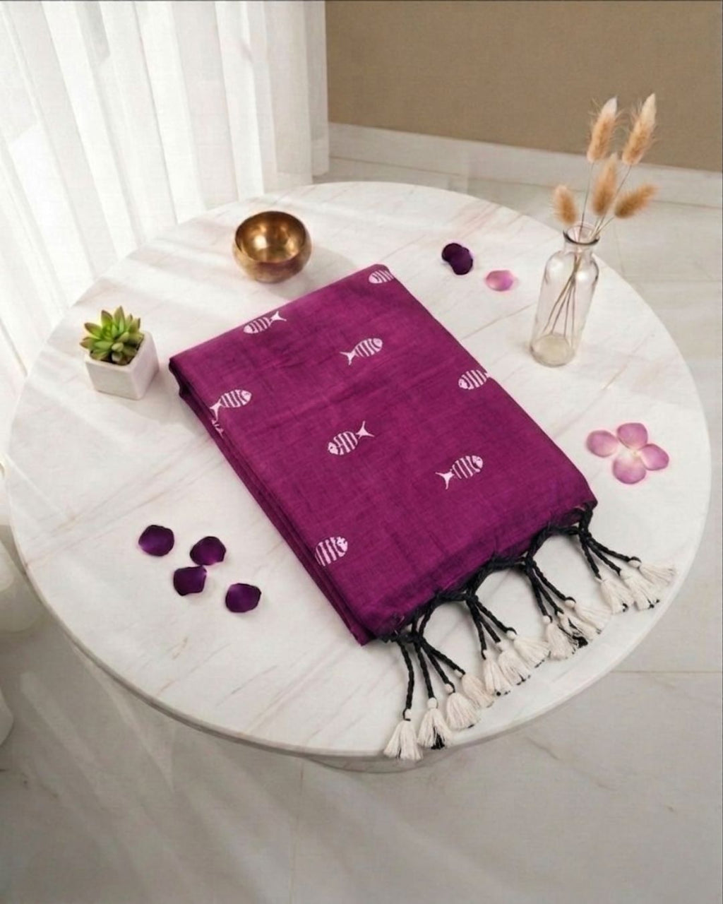 Khadi fish embroidery - Dark purple (w) white
