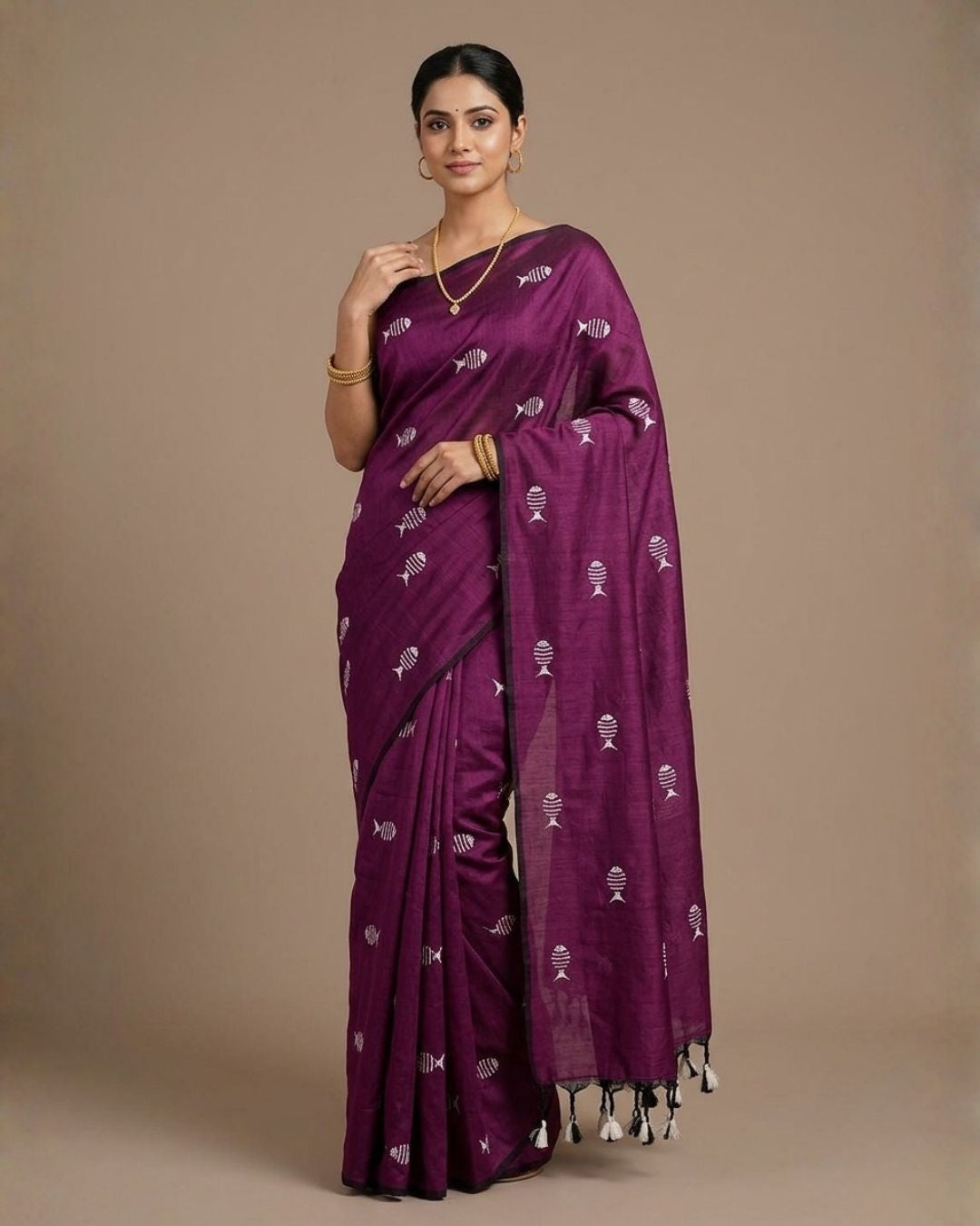 Khadi fish embroidery - Dark purple (w) white