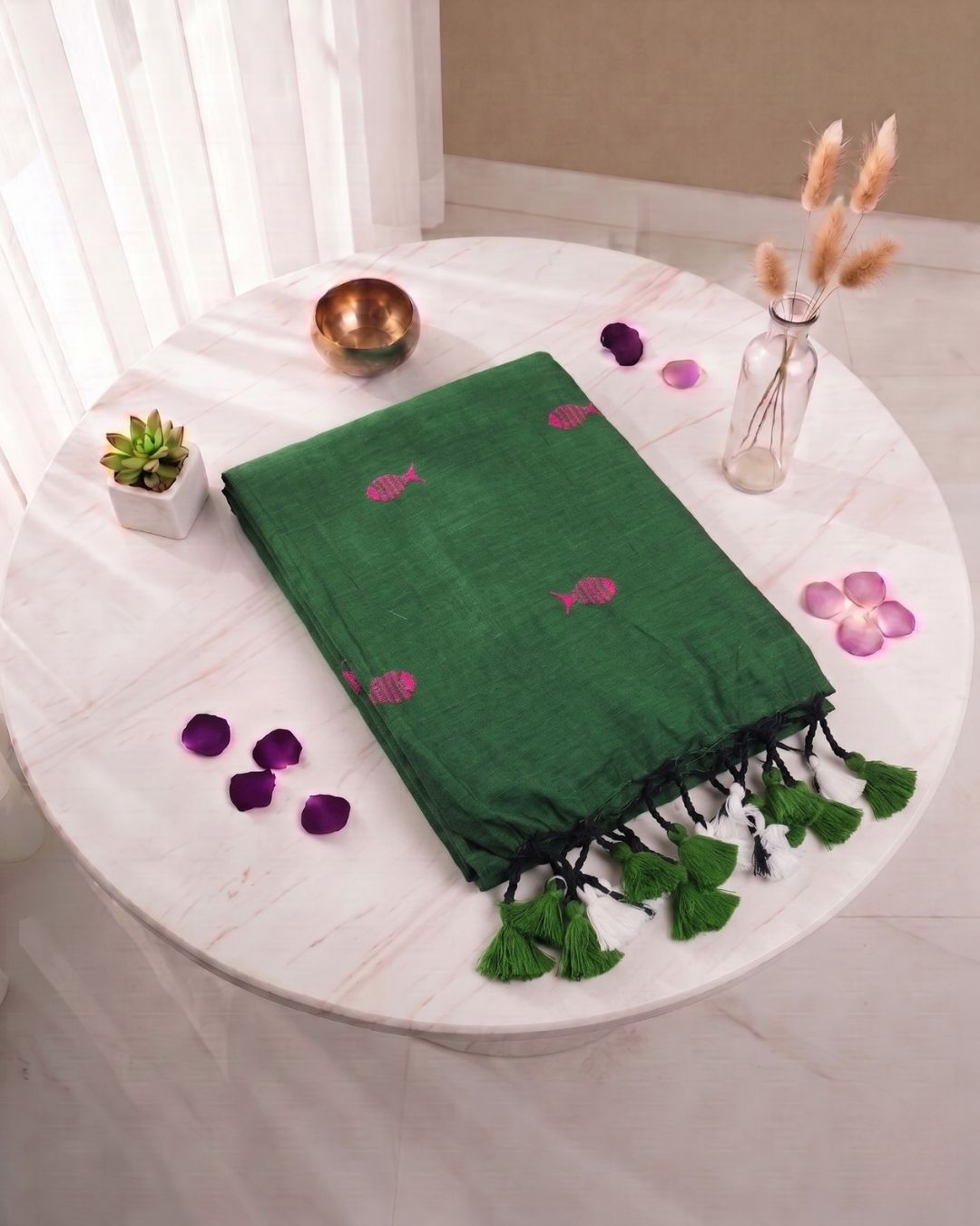 Khadi fish embroidery - Green (w) Pink
