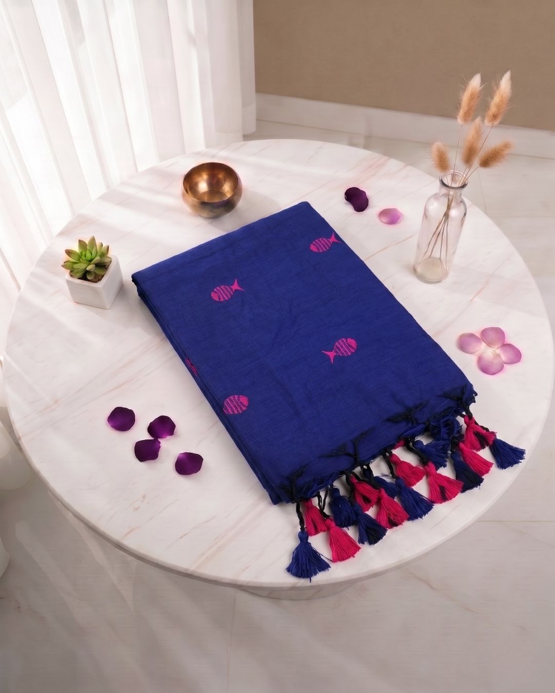 Khadi fish embroidery - Ink blue (w) Pink