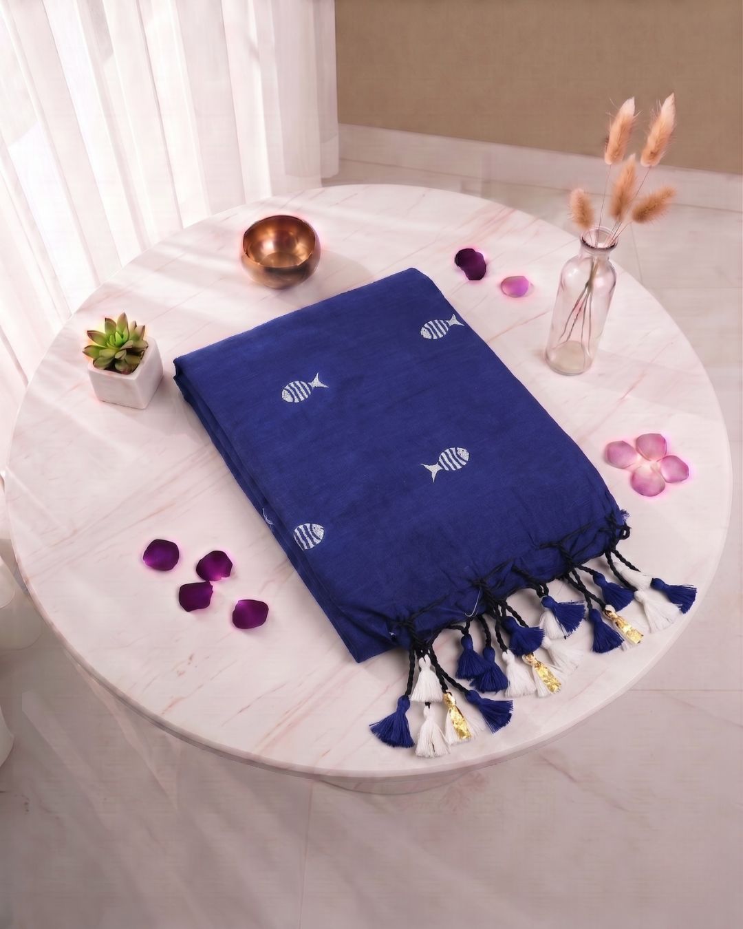 Khadi fish embroidery - Ink blue (w) White