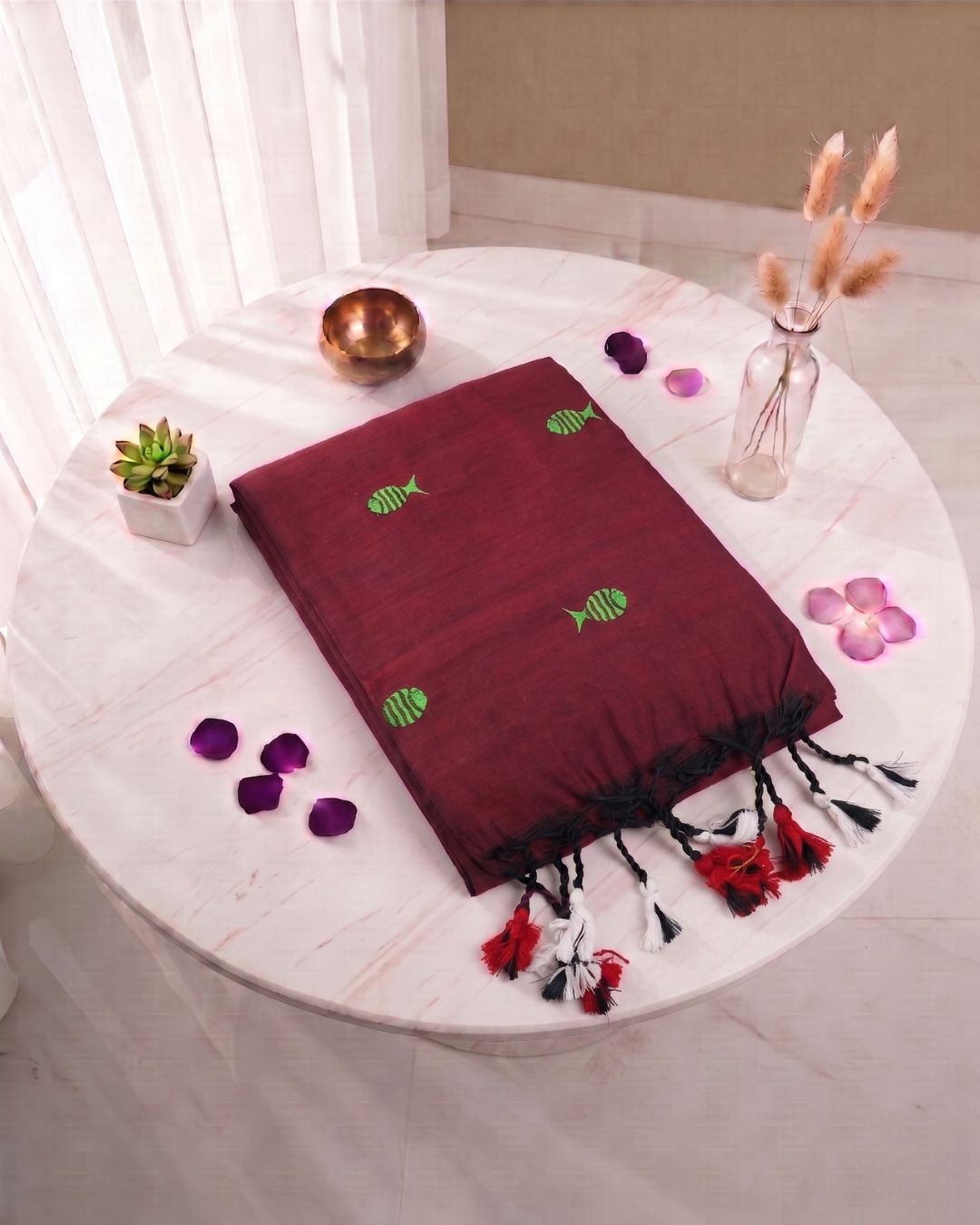 Khadi fish embroidery - Maroon (w) Green