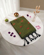 Khadi fish embroidery - Mehandi green (w) red