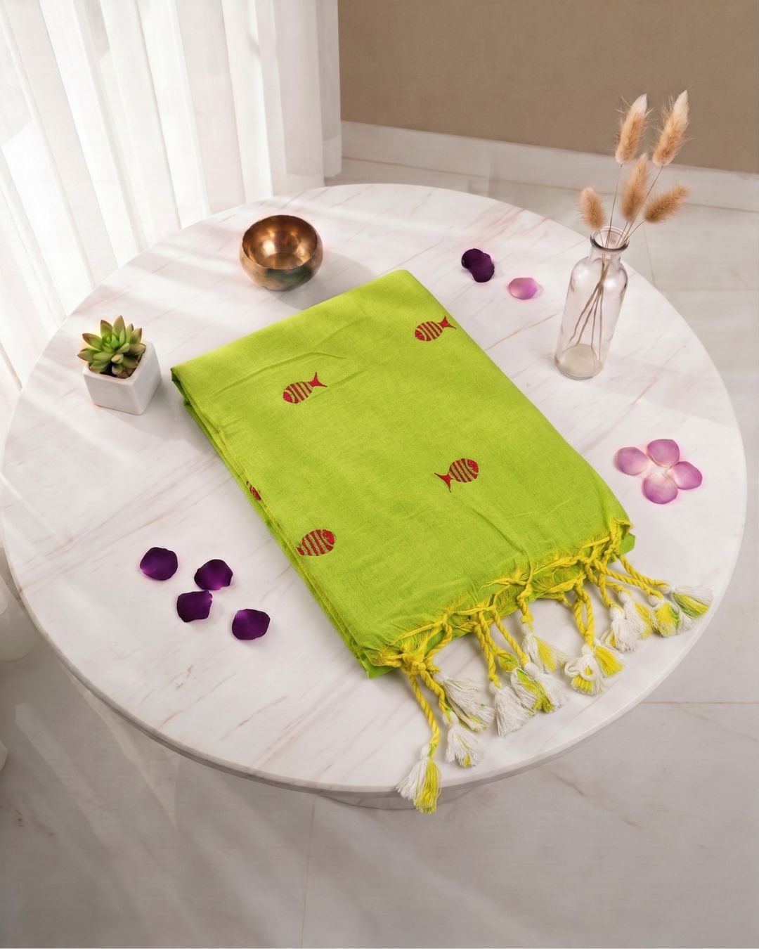 Khadi fish embroidery - Parrot Green (w) Red