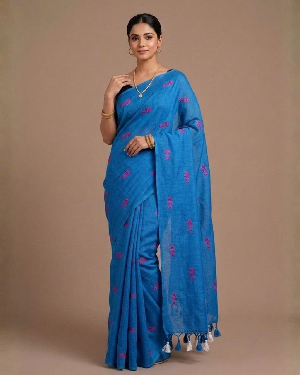Khadi fish embroidery - blue (w) pink