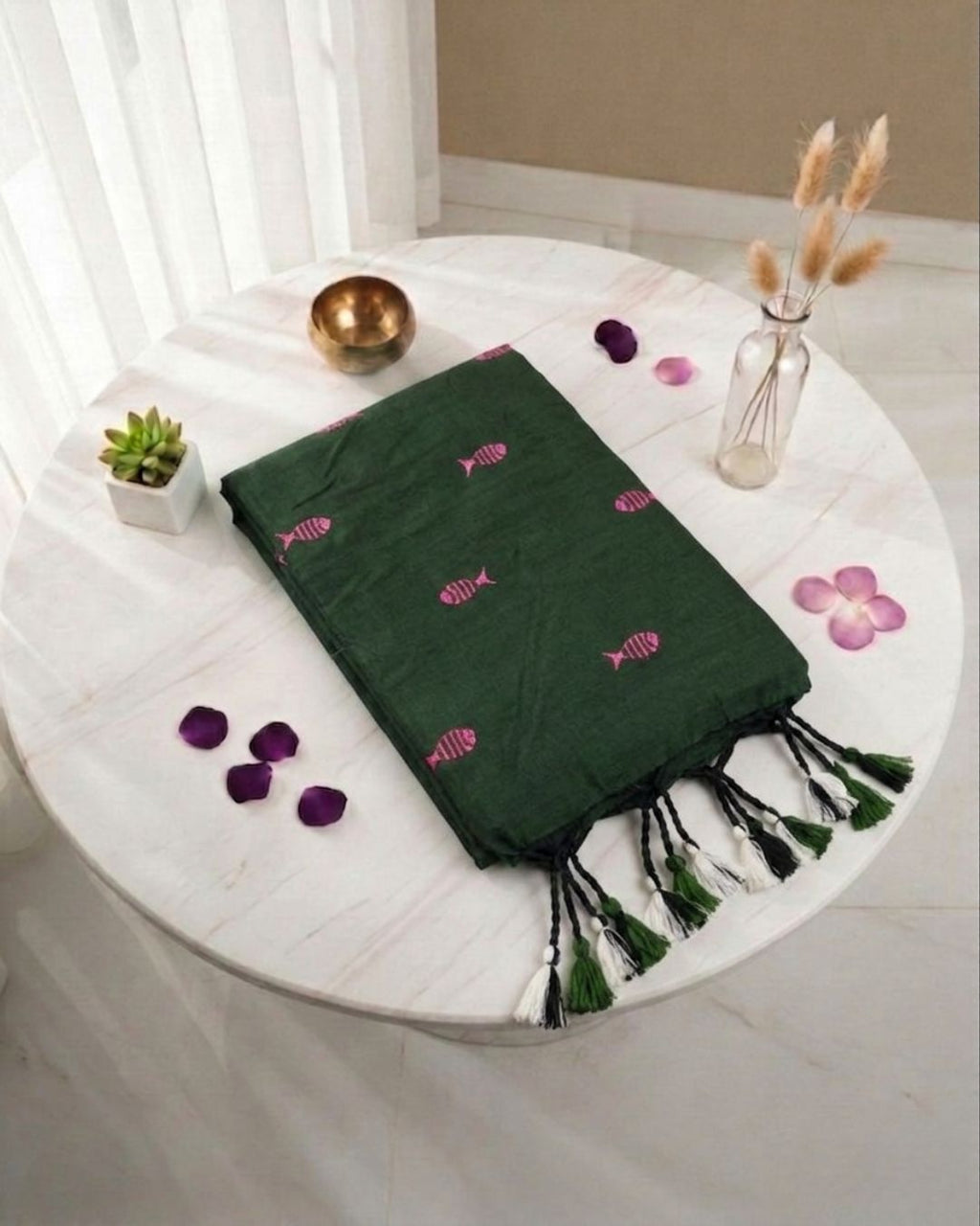 Khadi fish embroidery - Bottle green (w) pink