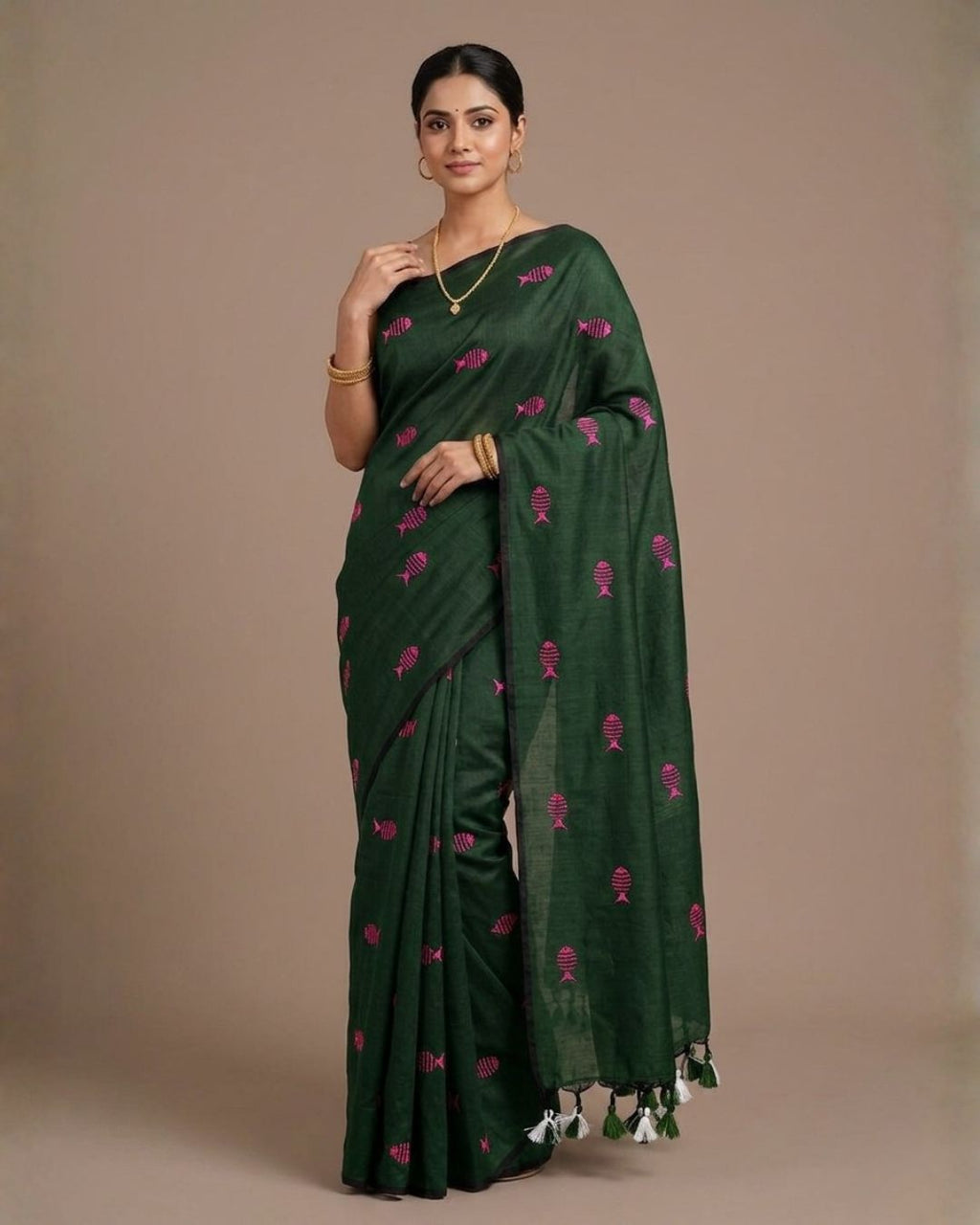 Khadi fish embroidery - Bottle green (w) pink