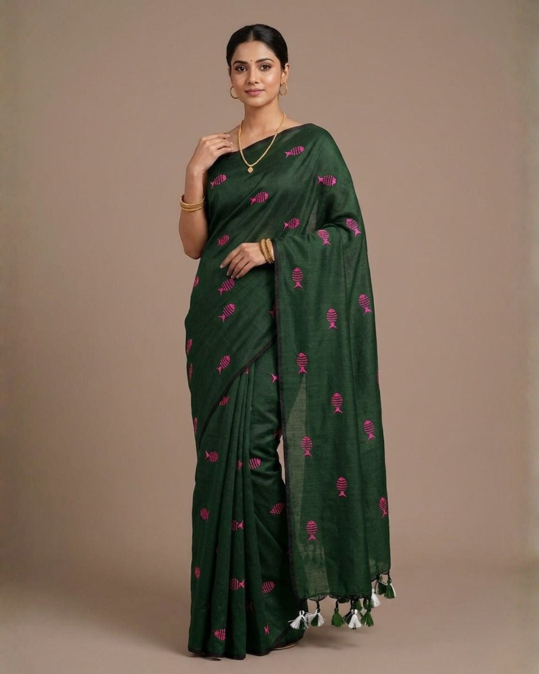 Khadi fish embroidery - Bottle green (w) pink