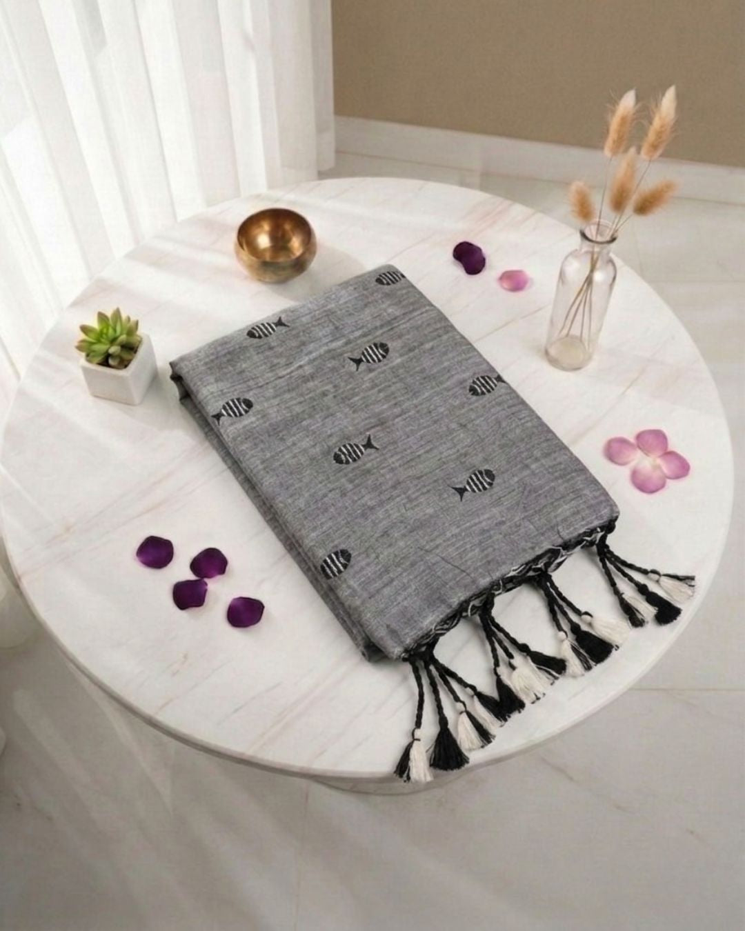 Khadi fish embroidery - Grey ( w) black