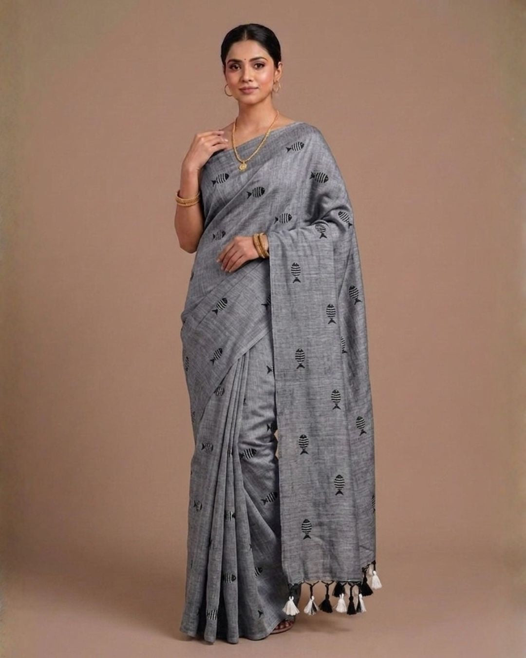 Khadi fish embroidery - Grey ( w) black