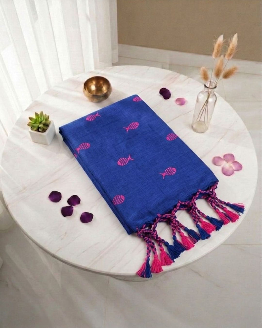 Khadi fish embroidery - Ink blue (w) pink