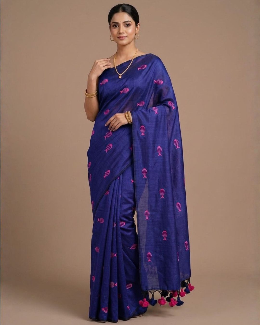 Khadi fish embroidery - Ink blue (w) pink