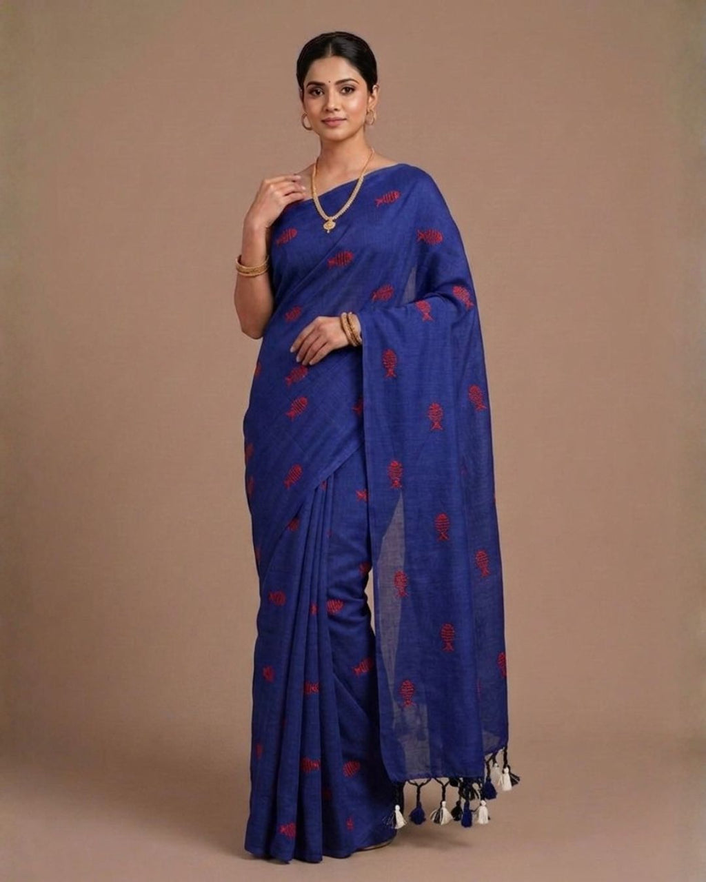 Khadi fish embroidery - Navy blue (w) red