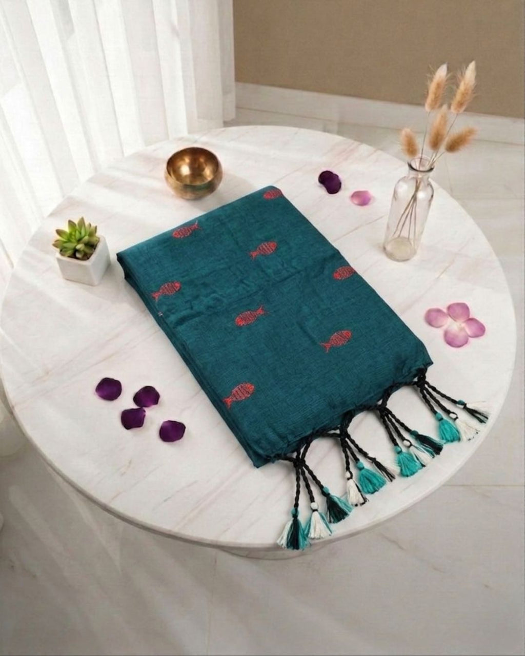 Khadi fish embroidery - Peacock green (w) pink
