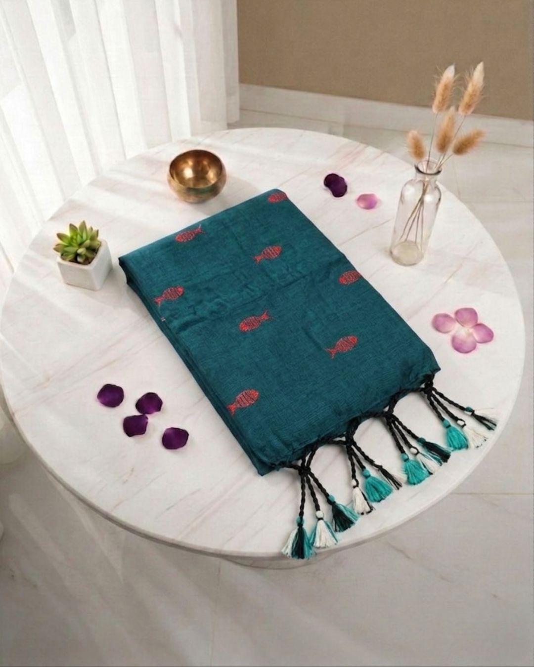 Khadi fish embroidery - Peacock green (w) pink