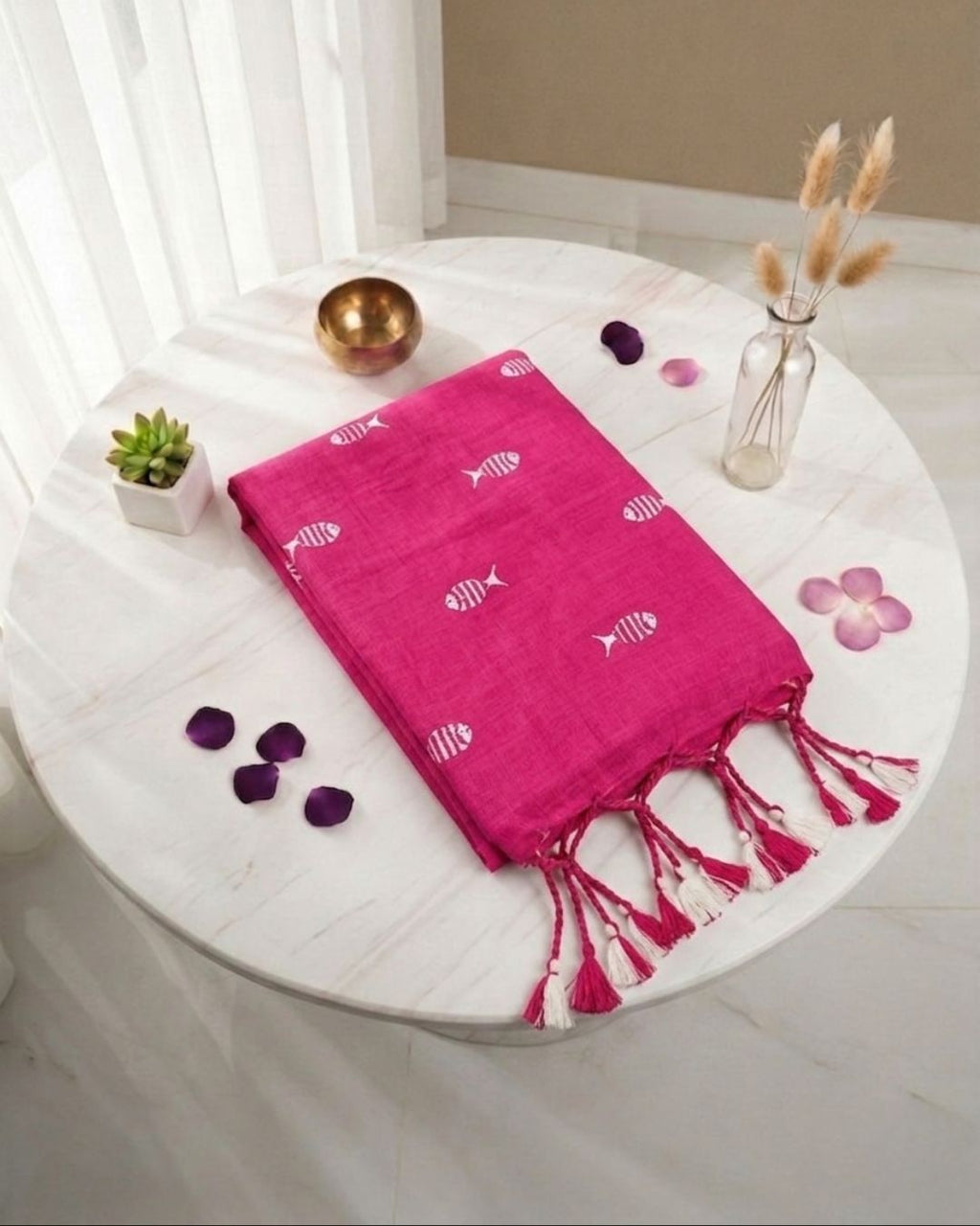 Khadi fish embroidery - Pink (w) white