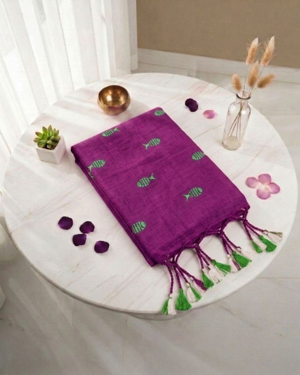 Khadi fish embroidery - Purple (w) green
