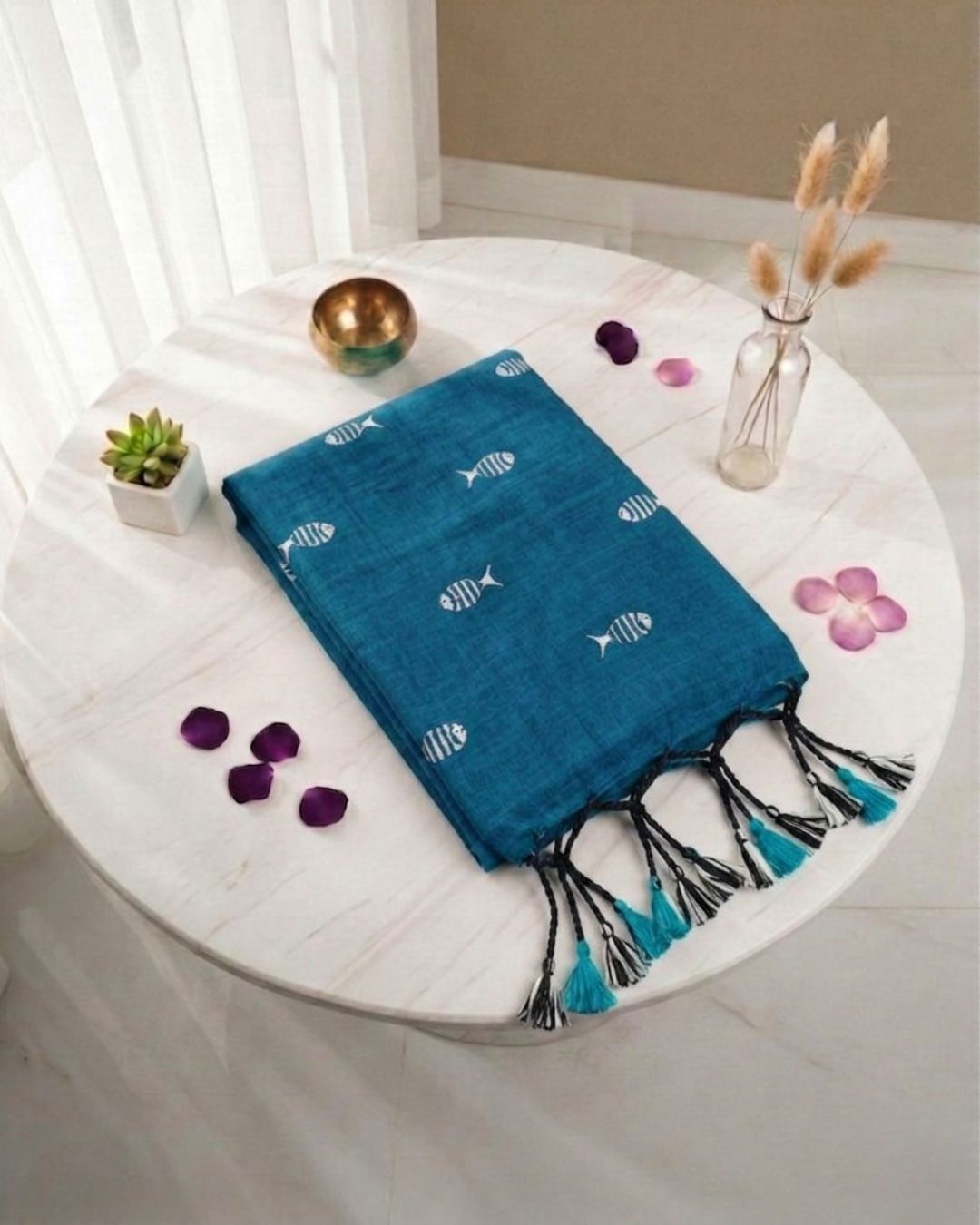 Khadi fish embroidery - Teal blue (w) white