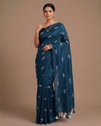 Khadi fish embroidery - Teal blue (w) white