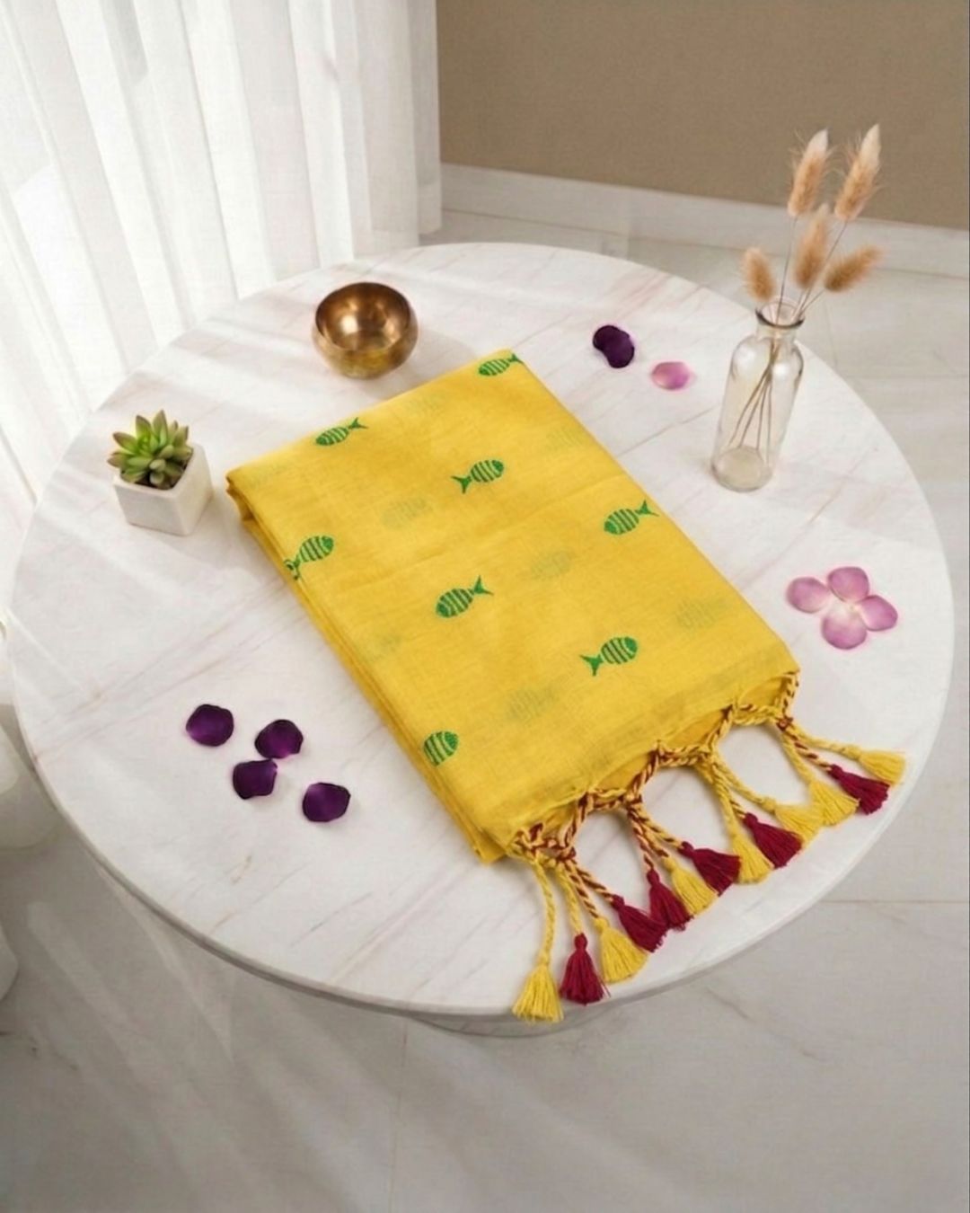 Khadi fish embroidery - Yellow (w) green