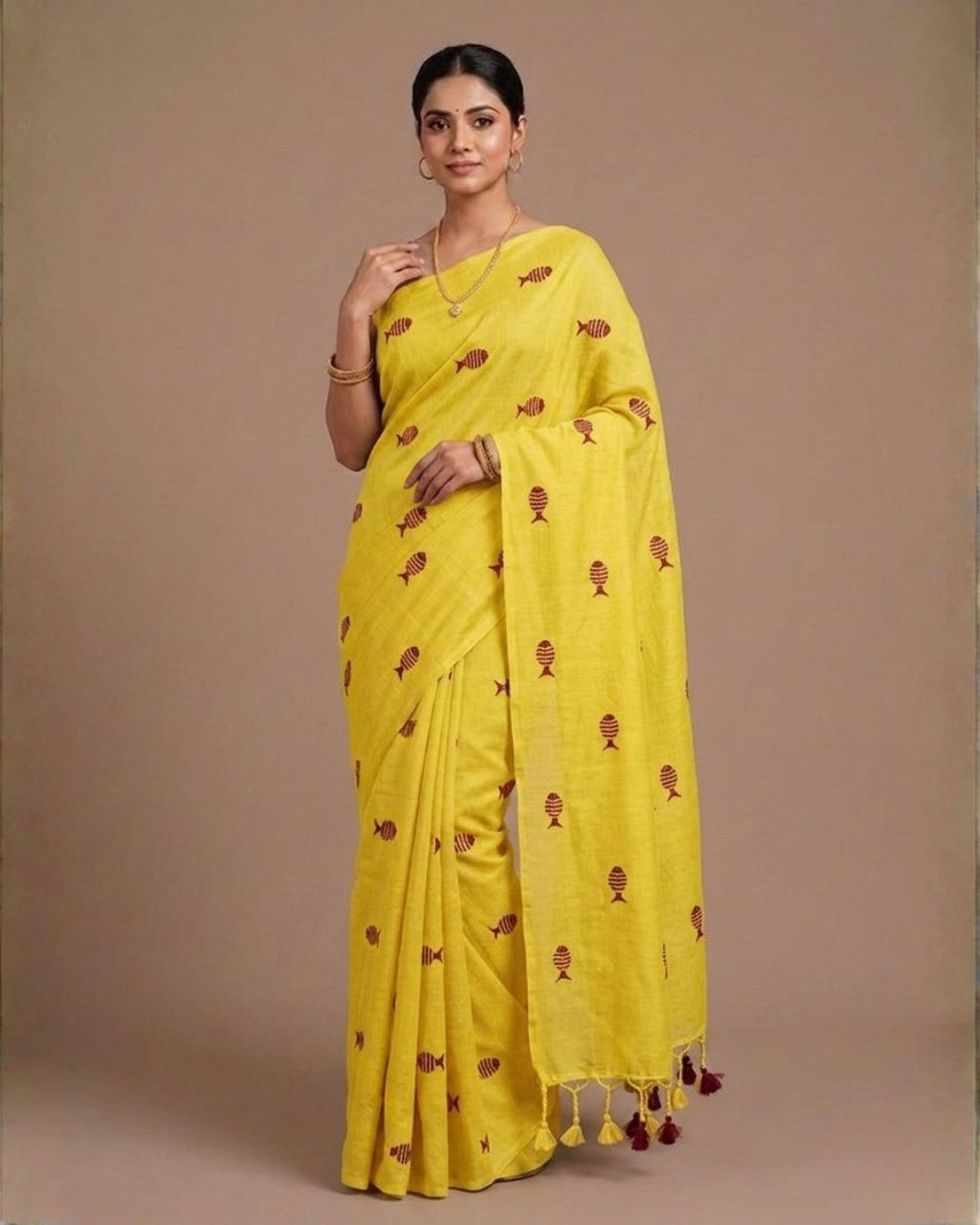 Khadi fish embroidery - Yellow (w) red
