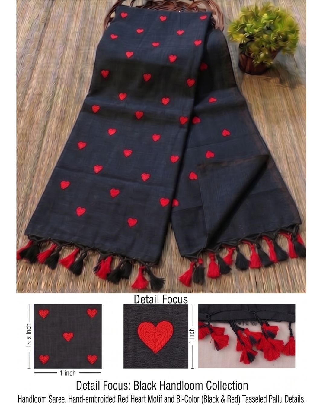 Khadi heart embroidery - Black