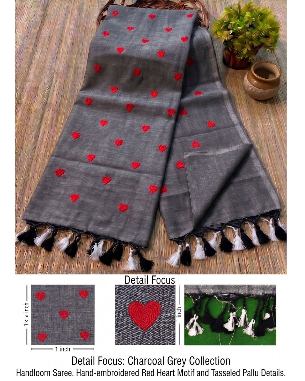 Khadi heart embroidery - Grey