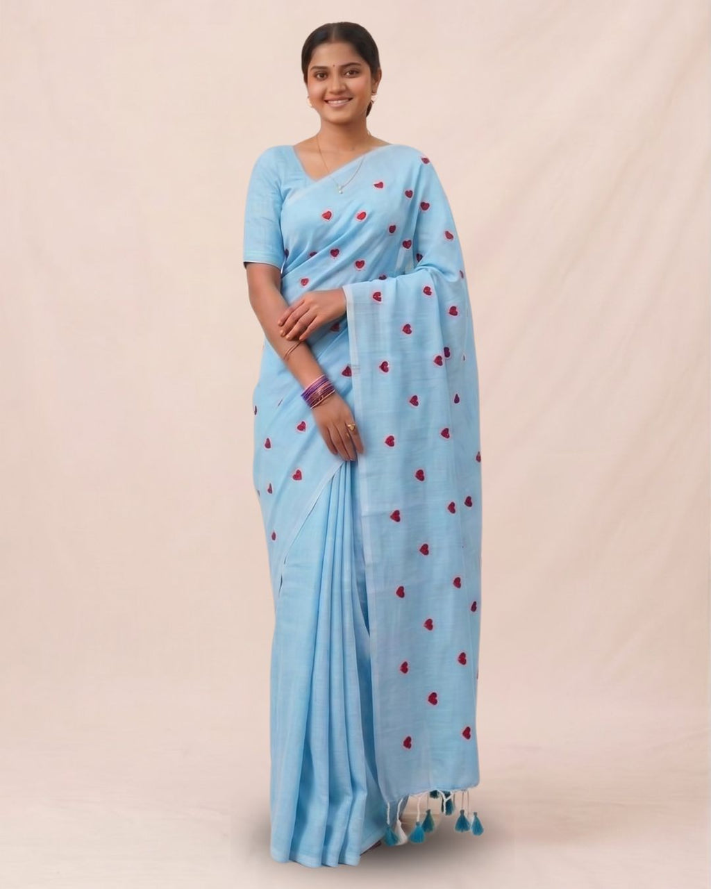 Khadi heart embroidery - Sky blue