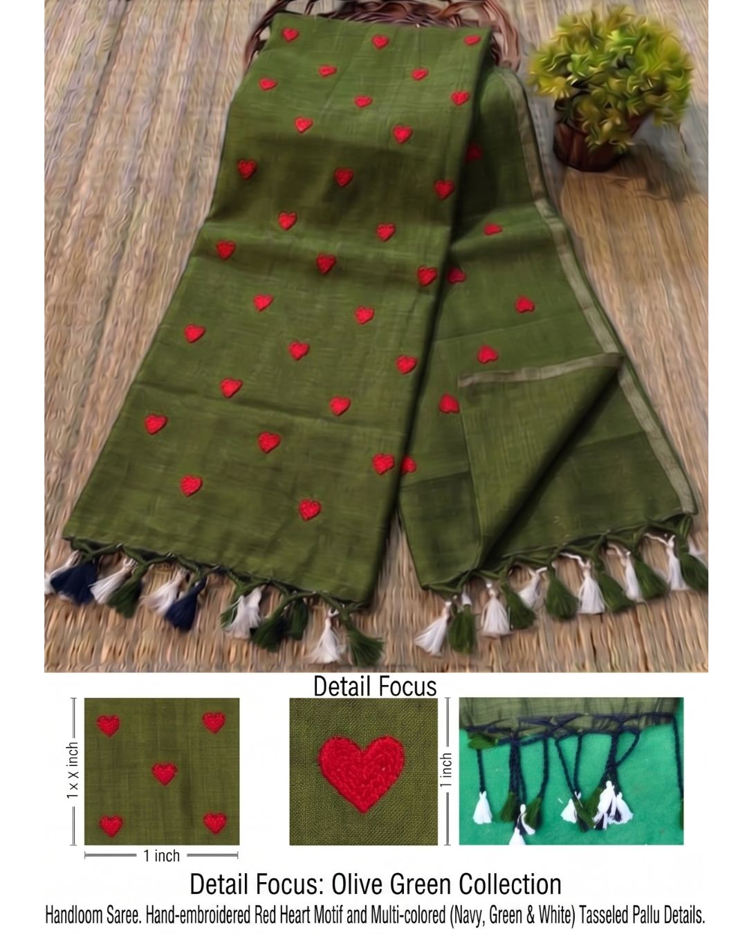 Khadi heart embroidery - Mehandi Green