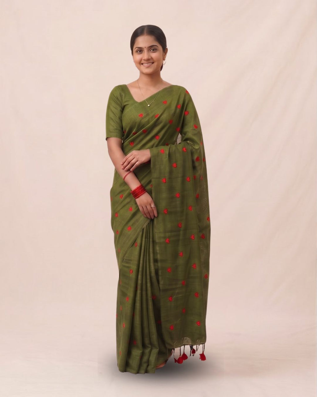 Khadi heart embroidery - Mehandi Green