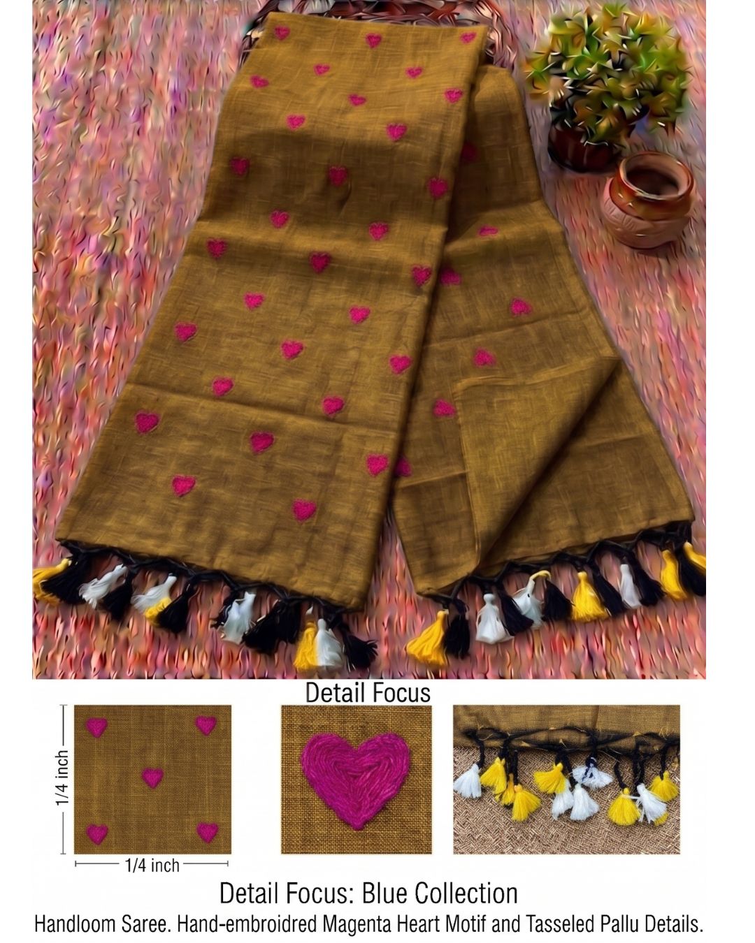 Khadi heart embroidery - Mustard yellow