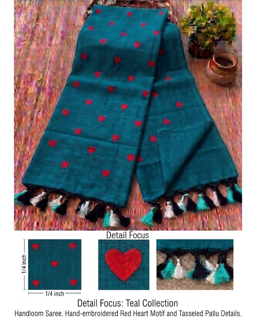Khadi heart embroidery - Peacock Green