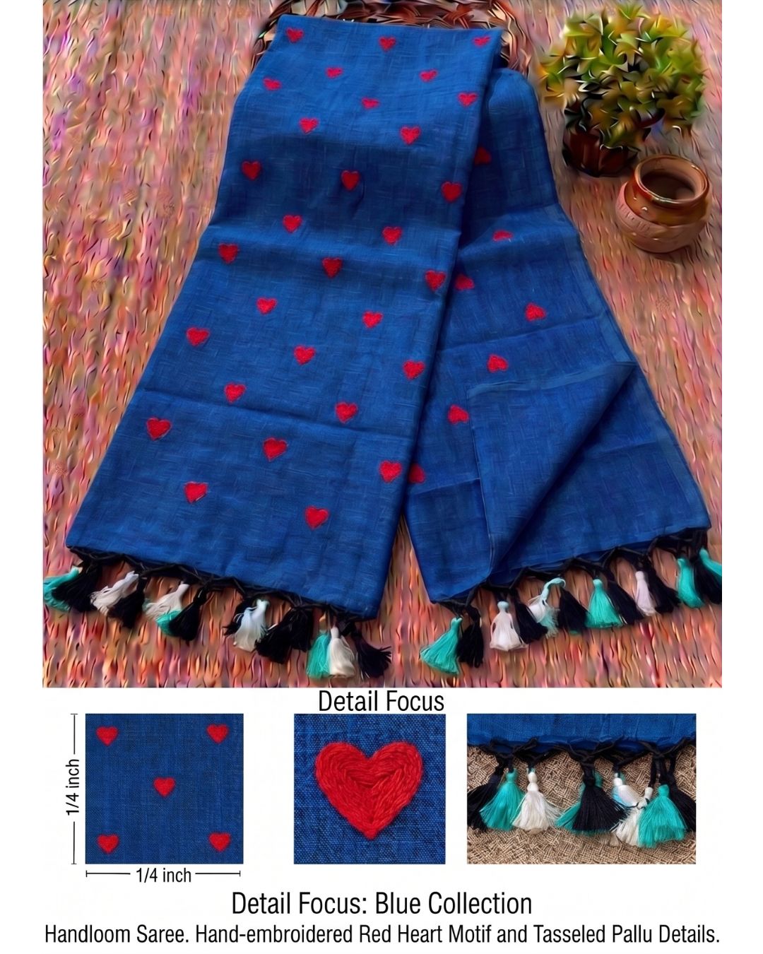 Khadi heart embroidery - Teal blue (Red)
