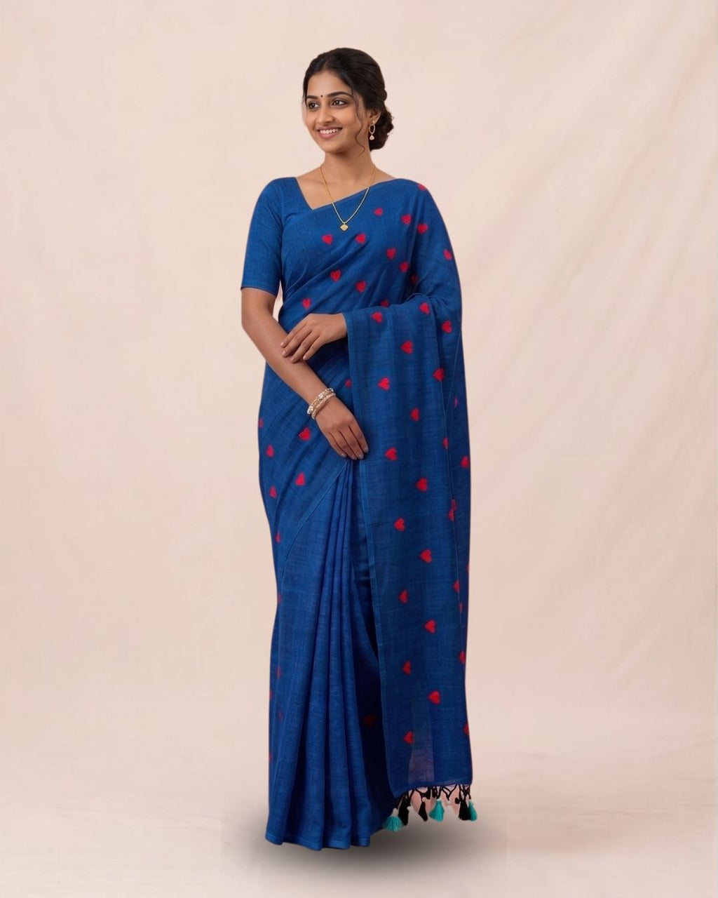 Khadi heart embroidery - Teal blue (Red)