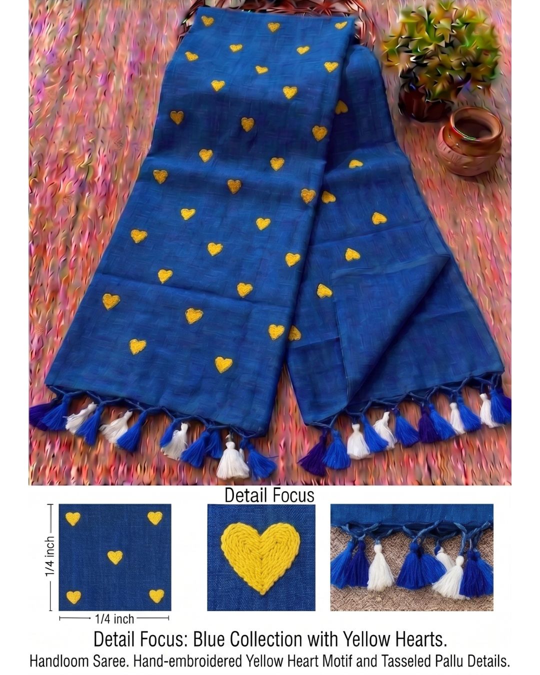 Khadi heart embroidery - Teal blue (yellow)