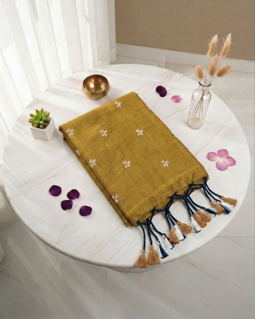 Khadi jasmine embroidery - Mustard yellow
