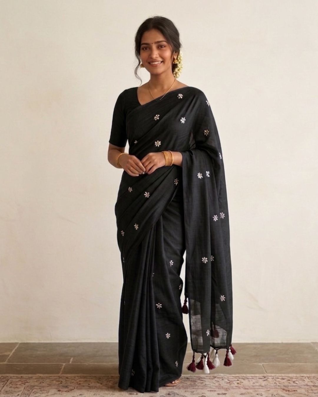 Khadi jasmine embroidery - Black
