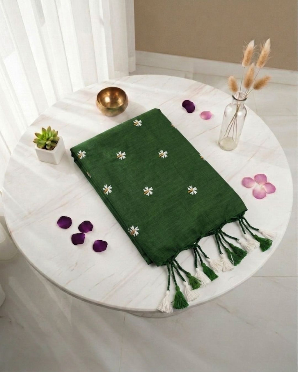Khadi jasmine embroidery - Bottle Green