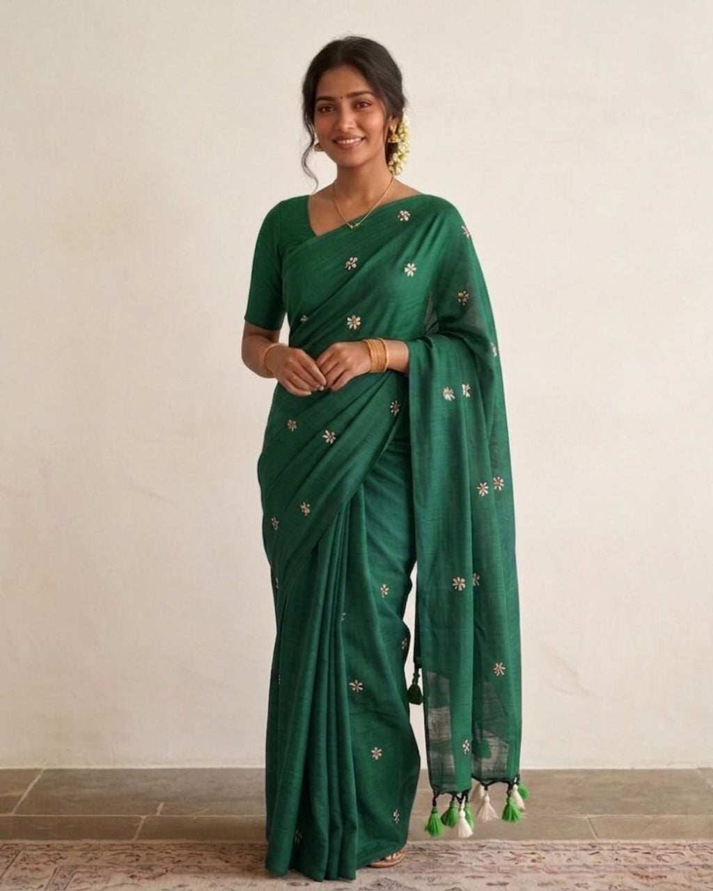 Khadi jasmine embroidery - Bottle Green