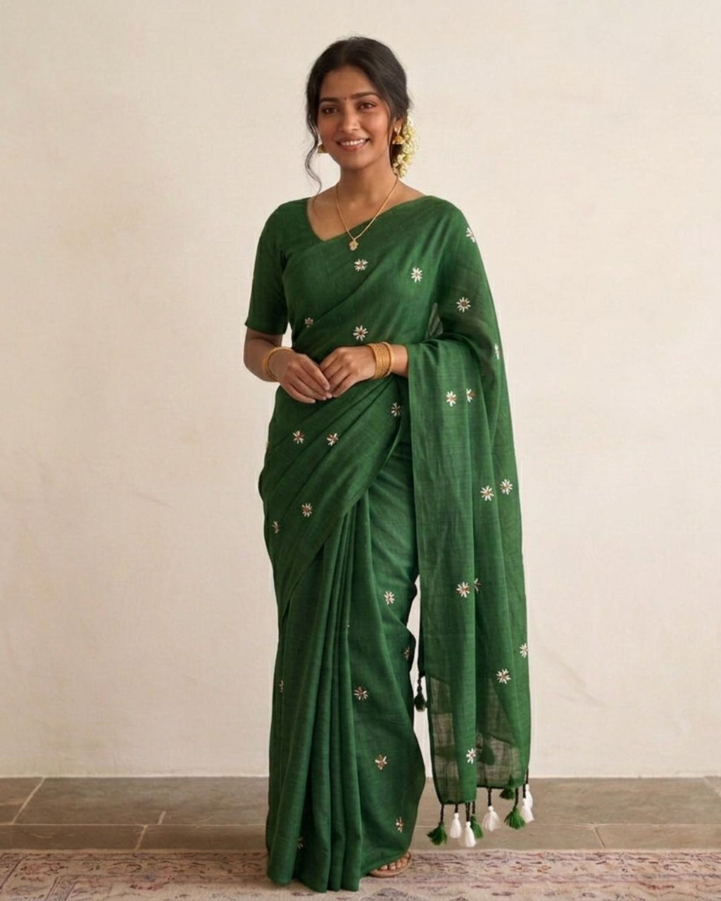 Khadi jasmine embroidery - Green